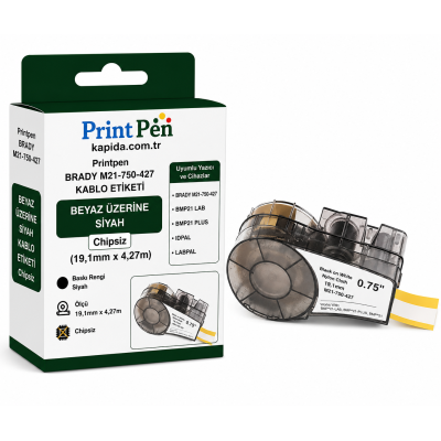 Printpen BRADY M21-750-427 KABLO ETIKETI BEYAZ ÜZERI SIYAH Chipsiz (19,1mm x 4,27m) BMP21 LAB BMP21 PLUS