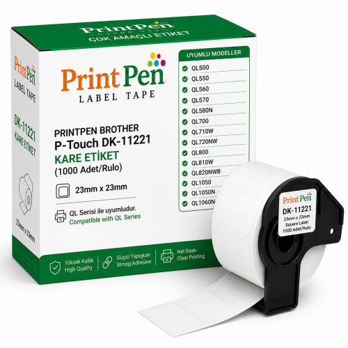 PRINTPEN BROTHER P-Touch DK-11221 KARE ETIKET (1000 Adet/Rulo) (23mm x 23mm) QL500 QL550 PRINTPEN BROTHER P-Touch DK-11221 KARE ETIKET (1000 Adet/Rulo) (23mm x 23mm) QL500 QL550