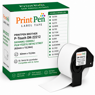 PRINTPEN BROTHER P-Touch DK-22212 DAYANIKLI SÜREKLI FILM YÜZEYLI BEYAZ ETIKET (62mm x 15,24m) QL500 QL550 PRINTPEN BROTHER P-Touch DK-22212 DAYANIKLI SÜREKLI FILM YÜZEYLI BEYAZ ETIKET (62mm x 15,24m) QL500 QL550