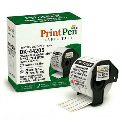 Printpen BROTHER P-Touch DK-44205 ÇIKARILABILIR SÜREKLI ETIKET BEYAZ ÜZERI SIYAH (62mm x 30,48m) QL500 QL550