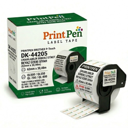 PRINTPEN BROTHER P-Touch DK-44205 ÇIKARILABILIR SÜREKLI ETIKET BEYAZ ÜZERI SIYAH (62mm x 30,48m) QL500 QL550 PRINTPEN BROTHER P-Touch DK-44205 ÇIKARILABILIR SÜREKLI ETIKET BEYAZ ÜZERI SIYAH (62mm x 30,48m) QL500 QL550