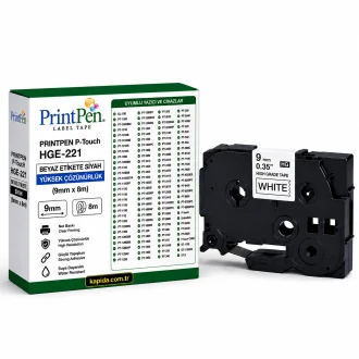 Printpen BROTHER P-Touch HGE-221 BEYAZ Etikete SIYAH YÜKSEK ÇÖZÜNÜRLÜK (9mm x 8m) GL-100 PT-1000