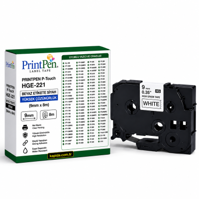 Printpen BROTHER P-Touch HGE-221 BEYAZ Etikete SIYAH YÜKSEK ÇÖZÜNÜRLÜK (9mm x 8m) GL-100 PT-1000