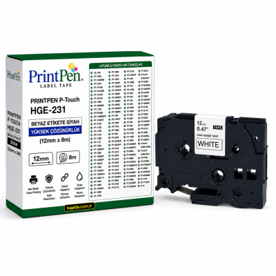Printpen BROTHER P-Touch HGE-231 BEYAZ Etikete SIYAH YÜKSEK ÇÖZÜNÜRLÜK (12mm x 8m) GL-100 PT-1000