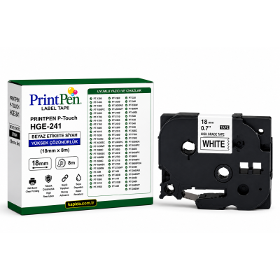 Printpen BROTHER P-Touch HGE-241 BEYAZ Etikete SIYAH YÜKSEK ÇÖZÜNÜRLÜK (18mm x 8m) PT-1300 PT-1400