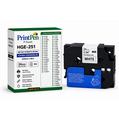 Printpen BROTHER P-Touch HGE-251 BEYAZ Etikete SIYAH YÜKSEK ÇÖZÜNÜRLÜK (24mm x 8m) PT-1400 PT-1500