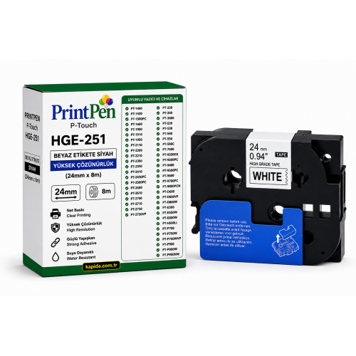PRINTPEN BROTHER P-Touch HGE-251 BEYAZ ETIKETE SIYAH YÜKSEK ÇÖZÜNÜRLÜK (24mm x 8m) PT-1400 PT-1500 PRINTPEN BROTHER P-Touch HGE-251 BEYAZ ETIKETE SIYAH YÜKSEK ÇÖZÜNÜRLÜK (24mm x 8m) PT-1400 PT-1500