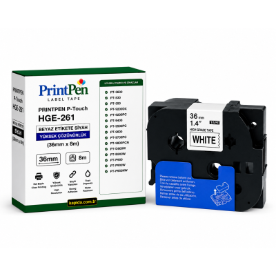 Printpen BROTHER P-Touch HGE-261 BEYAZ Etikete SIYAH YÜKSEK ÇÖZÜNÜRLÜK (36mm x 8m) PT-3600 PT-530