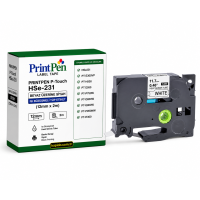 Printpen BROTHER P-Touch HSe-231 BEYAZ ÜZERINE SIYAH ISI BÜZÜSMELI TÜP ETIKET (12mm x 2m) PT-E300VP PT-H500
