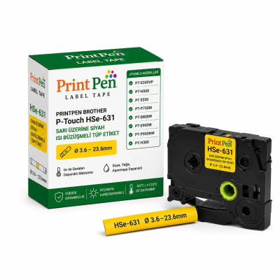 Printpen BROTHER P-Touch HSe-631 SARI ÜZERINE SIYAH ISI BÜZÜSMELI TÜP ETIKET (12mm x 2m) PT-E300VP PT-H500