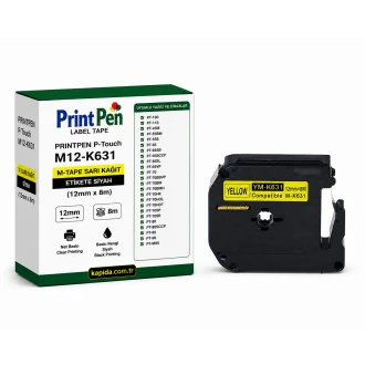 Printpen BROTHER P-Touch M12-K631 M-TAPE SARI KAGIT Etikete SIYAH (12mm x 8m) PT-100 PT-110