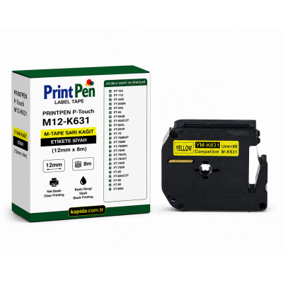 Printpen BROTHER P-Touch M12-K631 M-TAPE SARI KAGIT Etikete SIYAH (12mm x 8m) PT-100 PT-110
