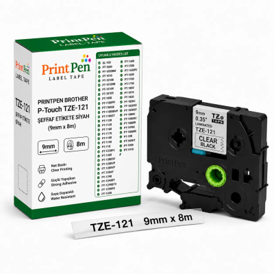 Printpen BROTHER P-Touch TZE-121 SEFFAF Etikete SIYAH (9mm x 8m) GL-100 PT-1000