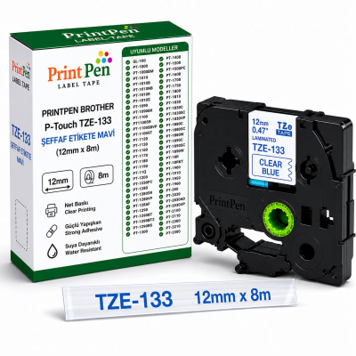 Printpen BROTHER P-Touch TZE-133 SEFFAF Etikete MAVI (12mm x 8m) GL-100 PT-1000