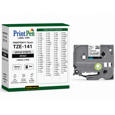 Printpen BROTHER P-Touch TZE-141 SEFFAF Etikete SIYAH (18mm x 8m) PT-1300 PT-1400
