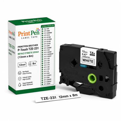 Printpen BROTHER P-Touch TZE-231 BEYAZ Etikete SIYAH (12mm x 8m) GL-100 PT-1000