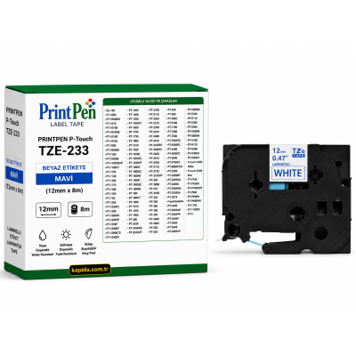 Printpen BROTHER P-Touch TZE-233 BEYAZ Etikete MAVI (12mm x 8m) GL-100 PT-1000