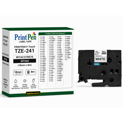 Printpen BROTHER P-Touch TZE-241 BEYAZ Etikete SIYAH (18mm x 8m) PT-1300 PT-1400