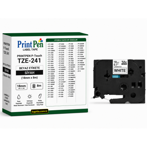 PRINTPEN BROTHER P-Touch TZE-241 BEYAZ ETIKETE SIYAH (18mm x 8m) PT-1300 PT-1400 PRINTPEN BROTHER P-Touch TZE-241 BEYAZ ETIKETE SIYAH (18mm x 8m) PT-1300 PT-1400