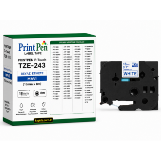 Printpen Brother P-Touch Tze-243 Beyaz Etikete Mavi (18Mm X 8M) Pt-1300 Pt-1400