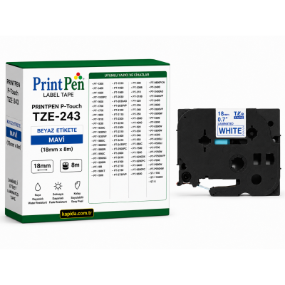 Printpen BROTHER P-Touch TZE-243 BEYAZ Etikete MAVI (18mm x 8m) PT-1300 PT-1400