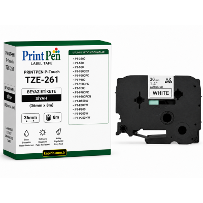 Printpen BROTHER P-Touch TZE-261 BEYAZ Etikete SIYAH (36mm x 8m) PT-3600 PT-530