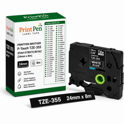 Printpen BROTHER P-Touch TZE-355 SIYAH Etikete BEYAZ (24mm x 8m) PT-1400 PT-1500
