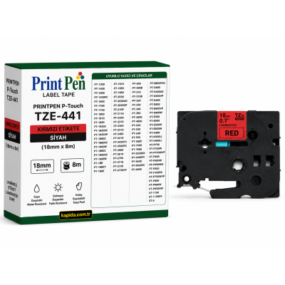 Printpen BROTHER P-Touch TZE-441 KIRMIZI Etikete SIYAH (18mm x 8m) PT-1300 PT-1400