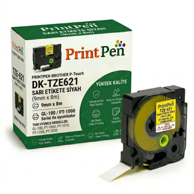 Printpen BROTHER P-Touch TZE-621 SARI Etikete SIYAH (9mm x 8m) GL-100 PT-1000