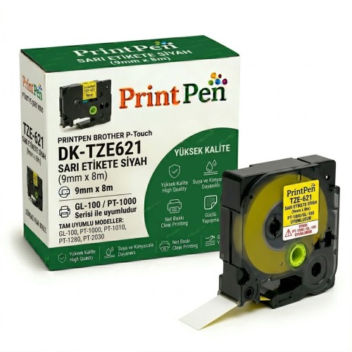 PRINTPEN BROTHER P-Touch TZE-621 SARI ETIKETE SIYAH (9mm x 8m) GL-100 PT-1000 PRINTPEN BROTHER P-Touch TZE-621 SARI ETIKETE SIYAH (9mm x 8m) GL-100 PT-1000