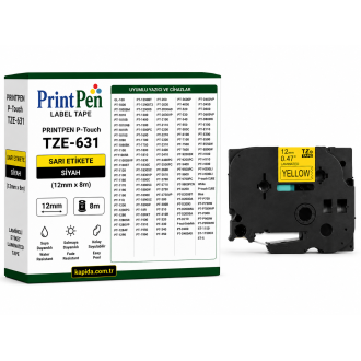 Printpen BROTHER P-Touch TZE-631 SARI Etikete SIYAH (12mm x 8m) GL-100 PT-1000 Printpen BROTHER P-Touch TZE-631 SARI Etikete SIYAH (12mm x 8m) GL-100 PT-1000