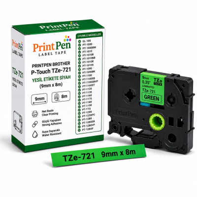 Printpen BROTHER P-Touch TZe-721 YESIL Etikete SIYAH (9mm x 8m) GL-100 PT-1000