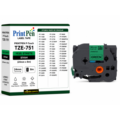 Printpen BROTHER P-Touch TZE-751 YESIL Etikete SIYAH (24mm x 8m) PT-1400 PT-1500