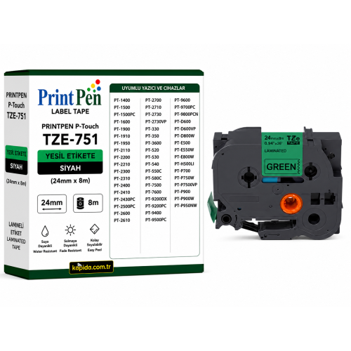 PRINTPEN BROTHER P-Touch TZE-751 YESIL ETIKETE SIYAH (24mm x 8m) PT-1400 PT-1500 PRINTPEN BROTHER P-Touch TZE-751 YESIL ETIKETE SIYAH (24mm x 8m) PT-1400 PT-1500