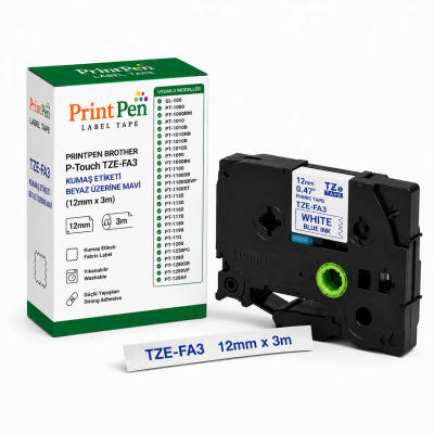 Printpen BROTHER P-Touch TZE-FA3 KUMAS ETIKETI BEYAZ ÜZERINE MAVI (12mm x 3m) (Ütü ile Yapisan Kumas) GL-100 PT-1000