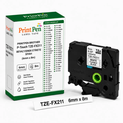 Printpen BROTHER P-Touch TZE-FX211 BEYAZ ESNEK Etikete SIYAH (6mm x 8m) GL-100 PT-1000