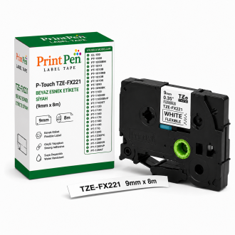 PRINTPEN BROTHER P-Touch TZE-FX221 BEYAZ ESNEK ETIKETE SIYAH (9mm x 8m) GL-100 PT-1000