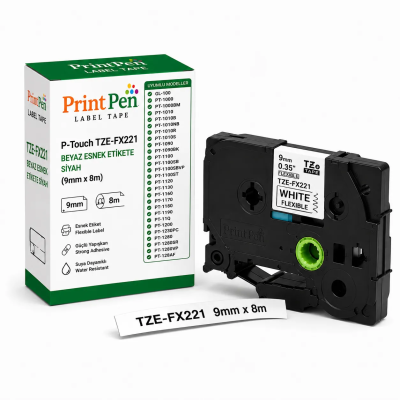 Printpen BROTHER P-Touch TZE-FX221 BEYAZ ESNEK Etikete SIYAH (9mm x 8m) GL-100 PT-1000