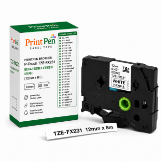 PRINTPEN BROTHER P-Touch TZE-FX231 BEYAZ ESNEK ETIKETE SIYAH (12mm x 8m) GL-100 PT-1000