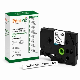 Printpen BROTHER P-Touch TZE-FX231 BEYAZ ESNEK Etikete SIYAH (12mm x 8m) GL-100 PT-1000