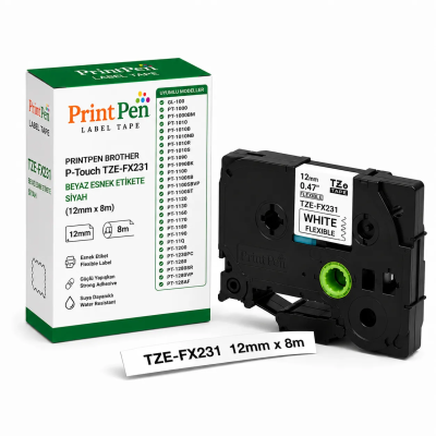 Printpen BROTHER P-Touch TZE-FX231 BEYAZ ESNEK Etikete SIYAH (12mm x 8m) GL-100 PT-1000