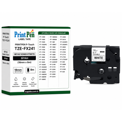Printpen BROTHER P-Touch TZE-FX241 BEYAZ ESNEK Etikete SIYAH (18mm x 8m) PT-1300 PT-1400