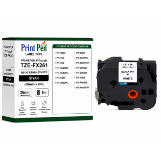 Printpen BROTHER P-Touch TZE-FX261 BEYAZ ESNEK Etikete SIYAH (36mm x 8m) PT-3600 PT-530