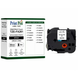 Printpen BROTHER P-Touch TZE-FX261 BEYAZ ESNEK Etikete SIYAH (36mm x 8m) PT-3600 PT-530