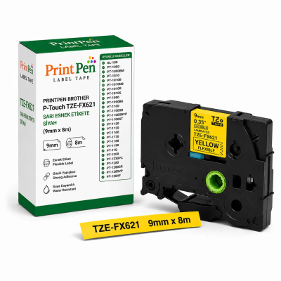 Printpen BROTHER P-Touch TZE-FX621 SARI ESNEK Etikete SIYAH (9mm x 8m) GL-100 PT-1000