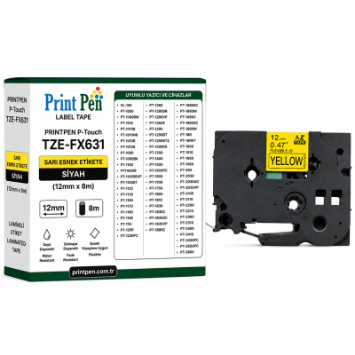 Printpen BROTHER P-Touch TZE-FX631 SARI ESNEK Etikete SIYAH (12mm x 8m) GL-100 PT-1000