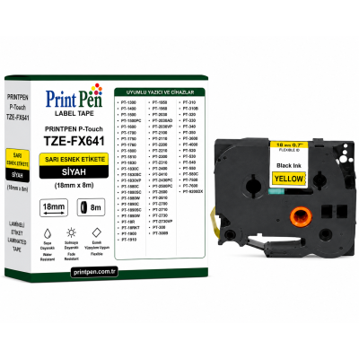 Printpen BROTHER P-Touch TZE-FX641 SARI ESNEK Etikete SIYAH (18mm x 8m) PT-1300 PT-1400