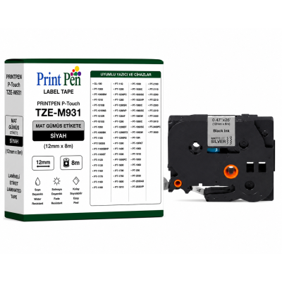 Printpen BROTHER P-Touch TZE-M931 MAT GÜMÜS Etikete SIYAH (12mm x 8m) GL-100 PT-1000
