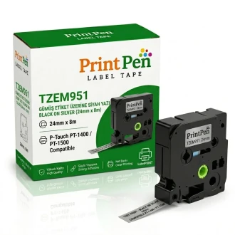 Printpen BROTHER P-Touch TZE-M951 GÜMÜS Etikete SIYAH (24mm x 8m) PT-1400 PT-1500