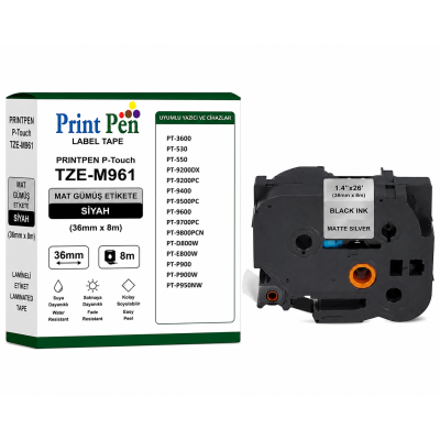 Printpen BROTHER P-Touch TZE-M961 MAT GÜMÜS Etikete SIYAH (36mm x 8m) PT-3600 PT-530